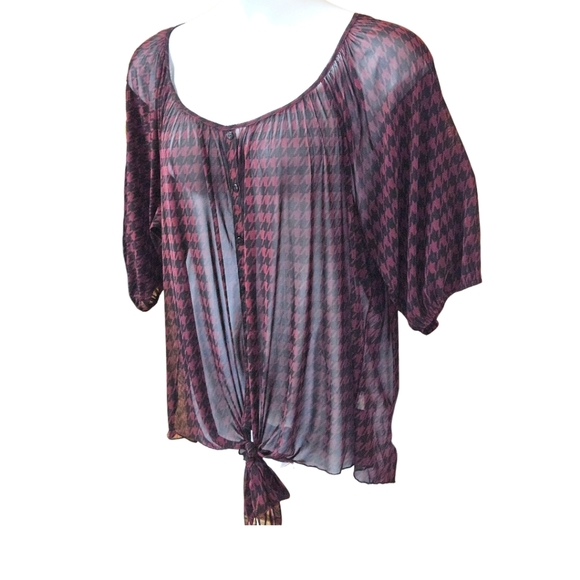 EMBER Plus Size Women's Burgundy Black Sheer Houndstooth Print Tie Front Blouse - Picture 5 of 13